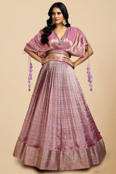 Purple Two Toned Pleated Zari Weave V Neck Kimono Sleeve Crop Top Lehenga